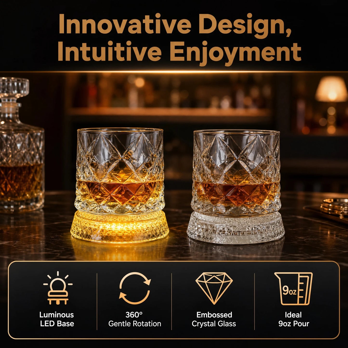 Rotating Whiskey Glass With LED Light Up Coaster Set