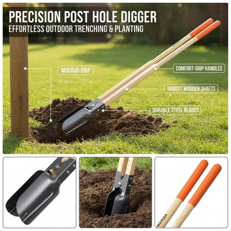 Manual Soil Auger 57.5-Inch For Fencing Landscaping Gardening, Wood Handle Scale Markings Metal Blade Heavy Duty Tool