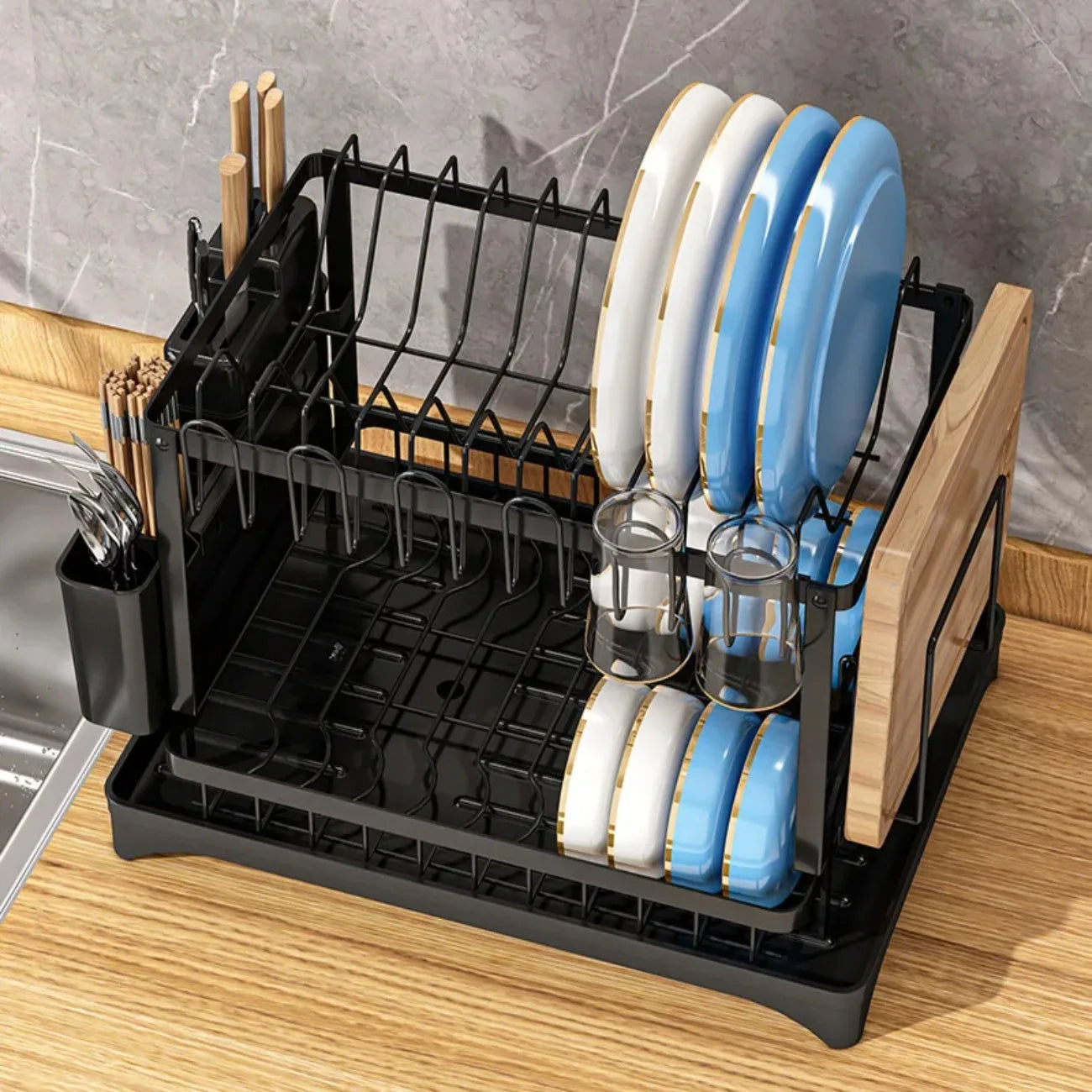 DIAMR 2 Tier Rotating Dish Drying Rack With Utensil Holder