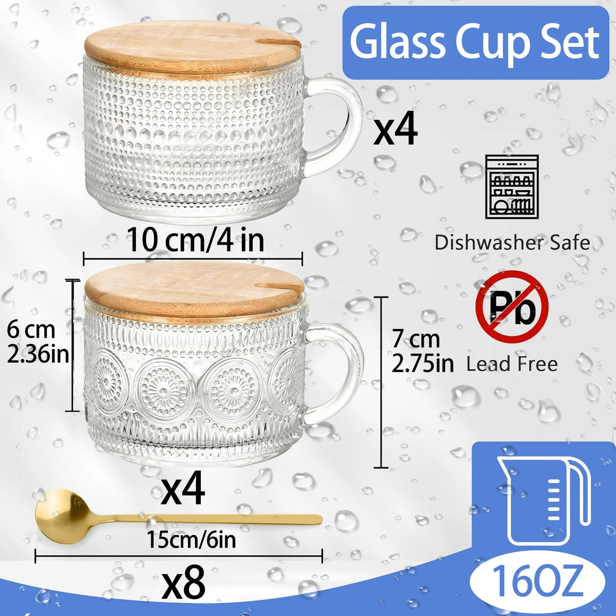 8‑Pack Embossed Glass Coffee Mugs Set with Bamboo Lids and Golden Spoons, Clear Vintage Texture Glass Cups, Oatmeal Yogurt Dessert Bowls, Drinking Tumbler for Tea, Milk, Juice, Home Kitchen Daily‑Use Drinkware
