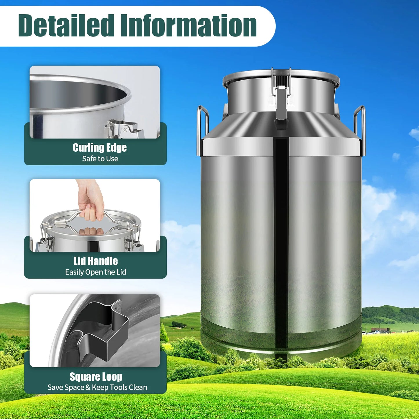 Stainless Steel Milk Jug 60L/15.85Gal Sealed Milk Can, Mirror Polishing Milk Bucket, Large Mouth Opening Large Mouth Opening Food Storage Bucket