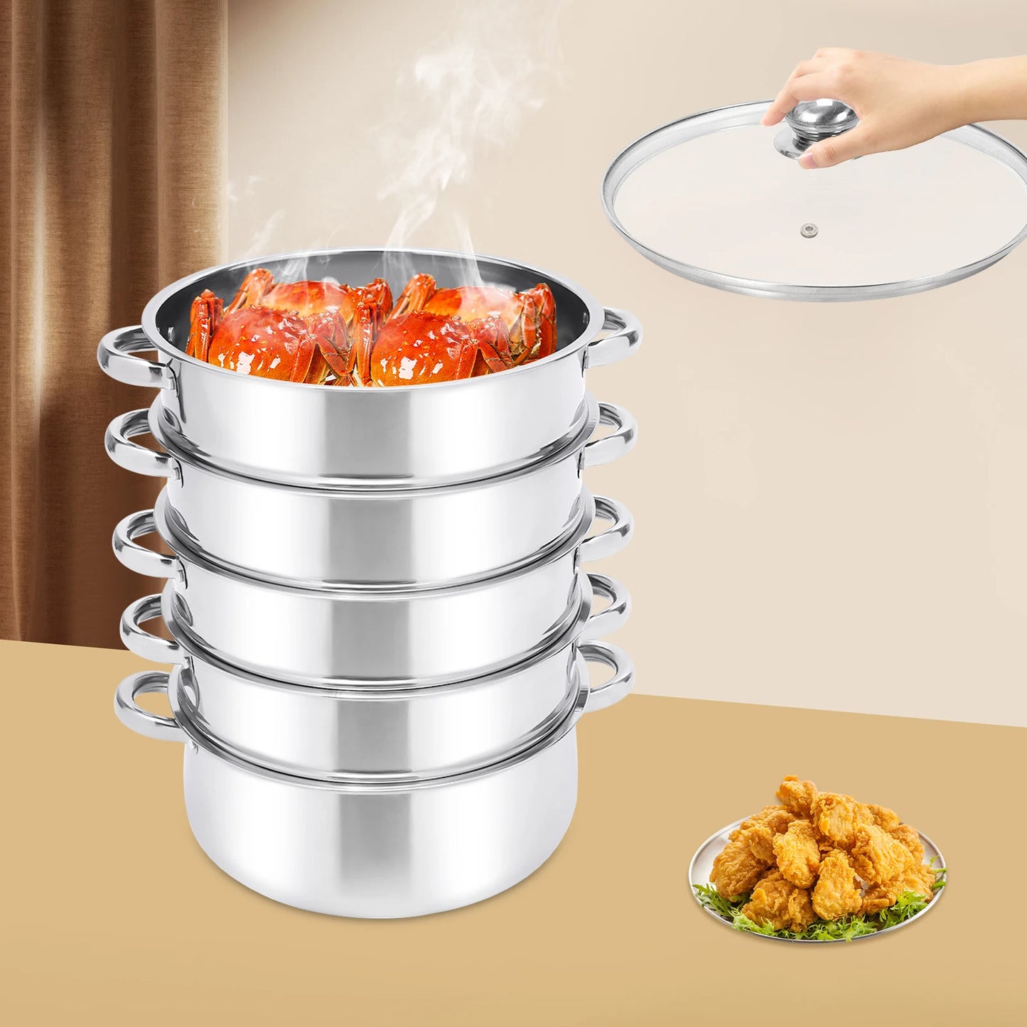 5-Tier Stainless Steel Steamer Pot 304 Food Grade Stackable Cookware