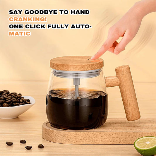 USB Dry Battery Powered Self Mixing Coffee Cup Large Capacity Automatic Stirring Glass Mug Leakproof Wooden Lid Electric Blender Cup for Home Office Travel