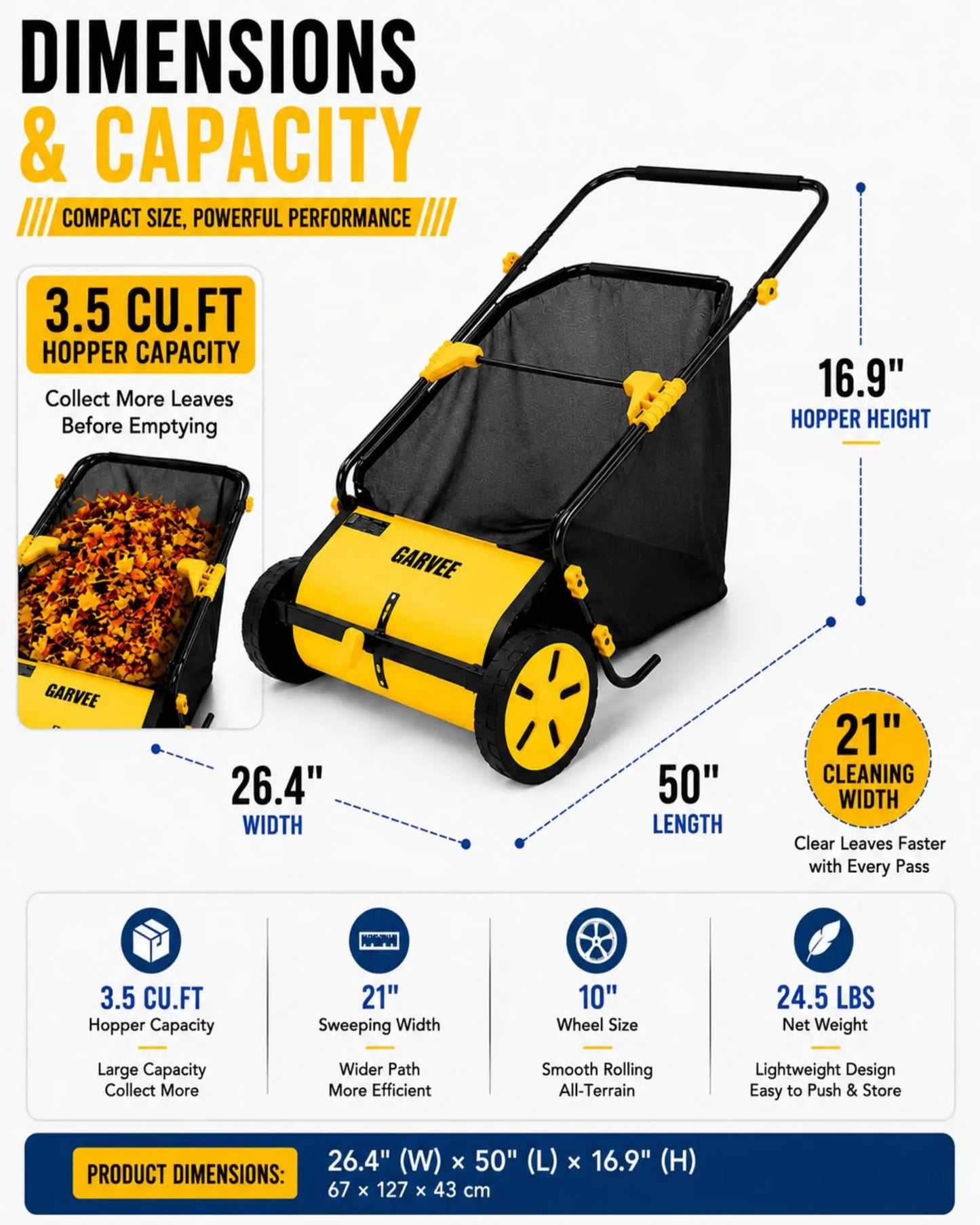 21 Inch Push Lawn Sweeper, Manual Leaf & Grass Collector With 3.5 Cu.Ft. Mesh Bag, Wheel-Driven Yard Sweeper, 10-Level Height Adjust
