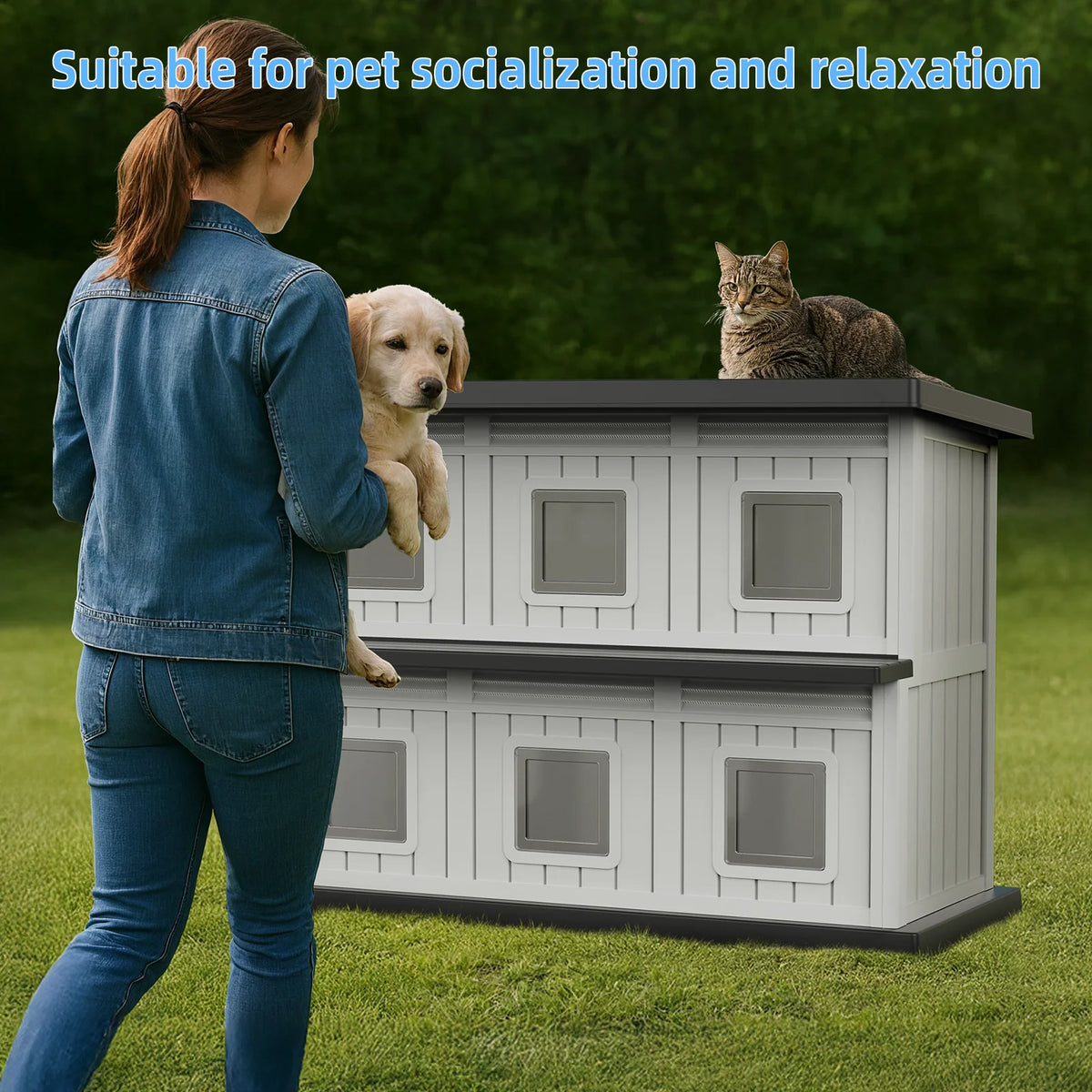 2-Tier Resin Cat House, Weatherproof Double Layer Outdoor Cat Apartment with Multiple Access Doors for Indoor Outdoor Use
