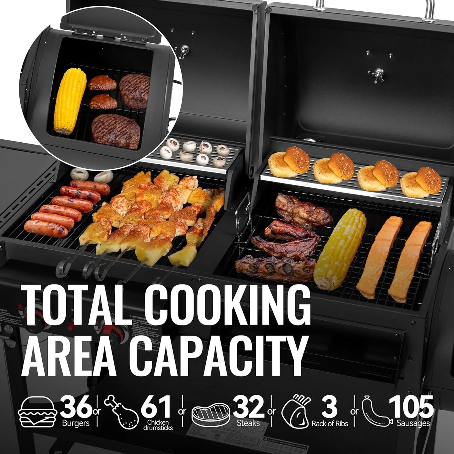 Dual Fuel 2 Burner Grill With Charcoal Gas Offset Smoker
