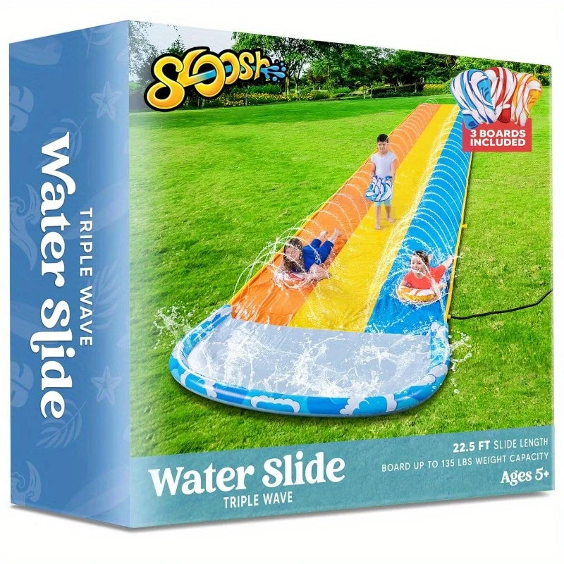Joyfy 22.5ft Triple Water Slide Heavy Duty Lawn Water Slip and Slides with 3 Body Boards for Kids Adults Backyard Summer Party