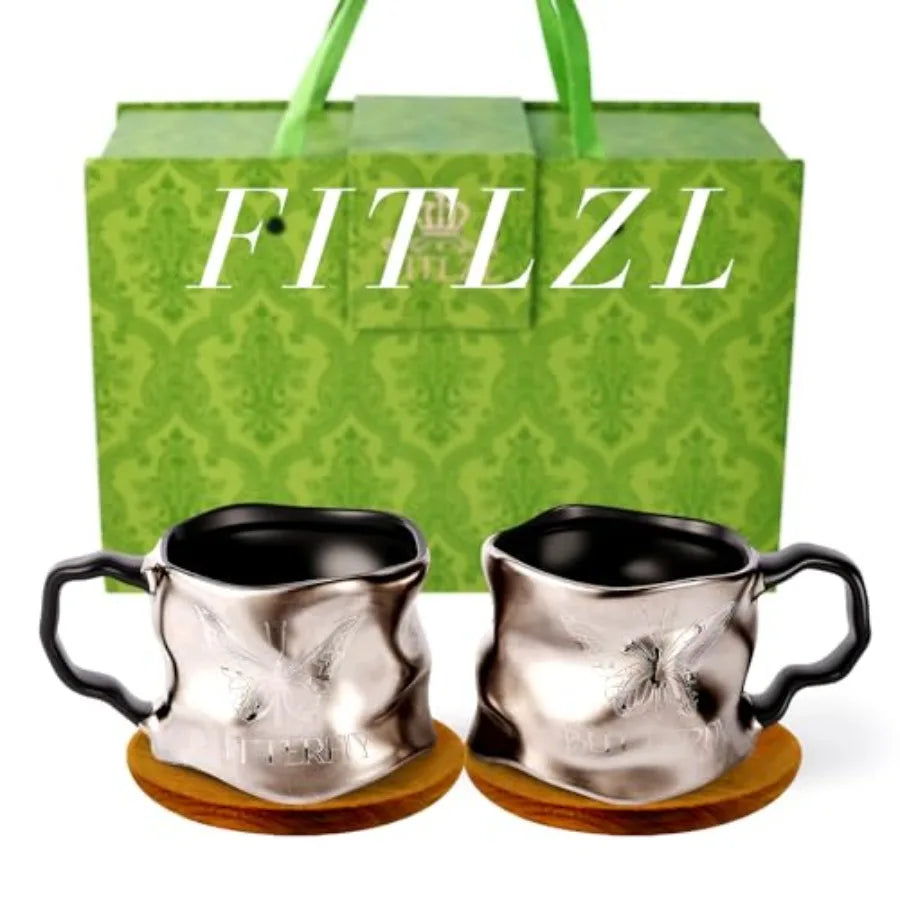 Set of 2 Ceramic Titanium Silver Plating Coffee Mugs for Latte, Cappuccino, Tea, Includes Spoon and Gift Box, Perfect Retiremen