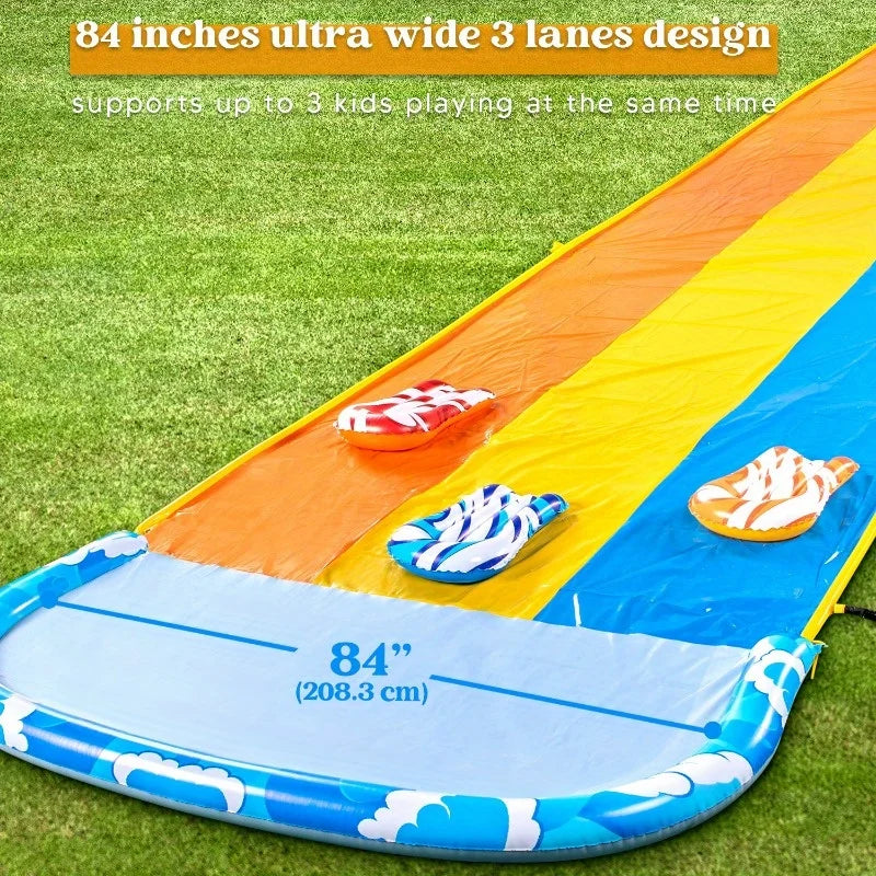 Joyfy 22.5ft Triple Water Slide Heavy Duty Lawn Water Slip and Slides with 3 Body Boards for Kids Adults Backyard Summer Party