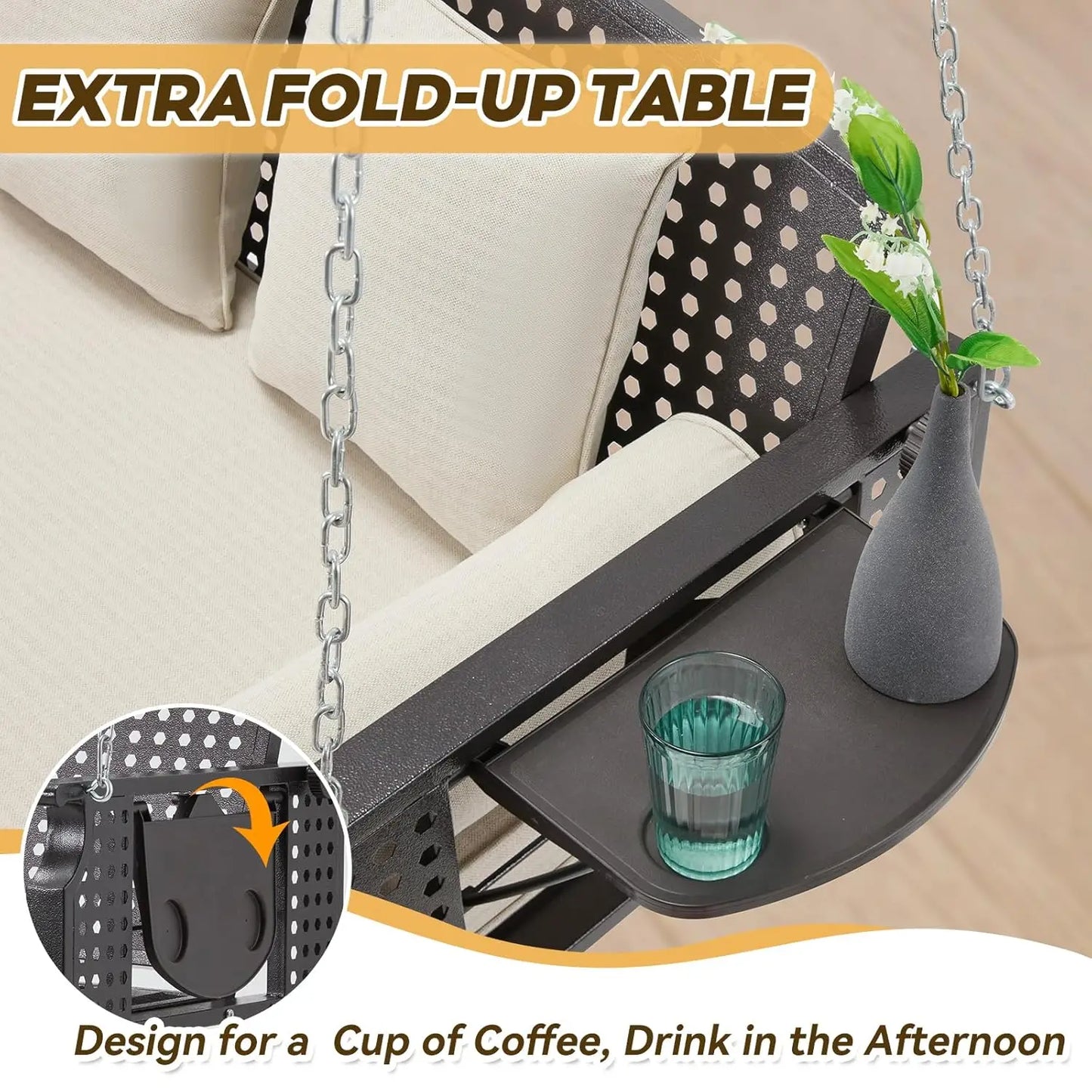 Three Seat Porch Swing With Cup Holders And Cushions