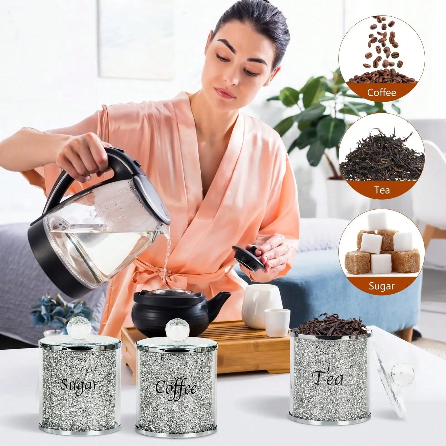 Coffee Sugar Tea Canister Set Sparkly Glam Crushed Diamond Kitchen Storage Container Set 4 Piece Silver Glass Jars With Lids And Mirrored Tray For Kitchen Countertop Coffee Bar Dining Room Home Decor Housewarming Gift