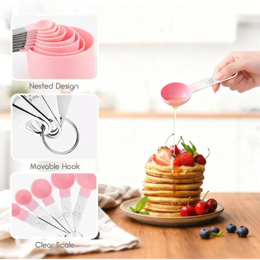 Measuring Cups and Spoons Set, 10 Pieces Stackable Measure Tools with Stainless Steel Handles, Kitchen Gadgets or Cooking (Pink)