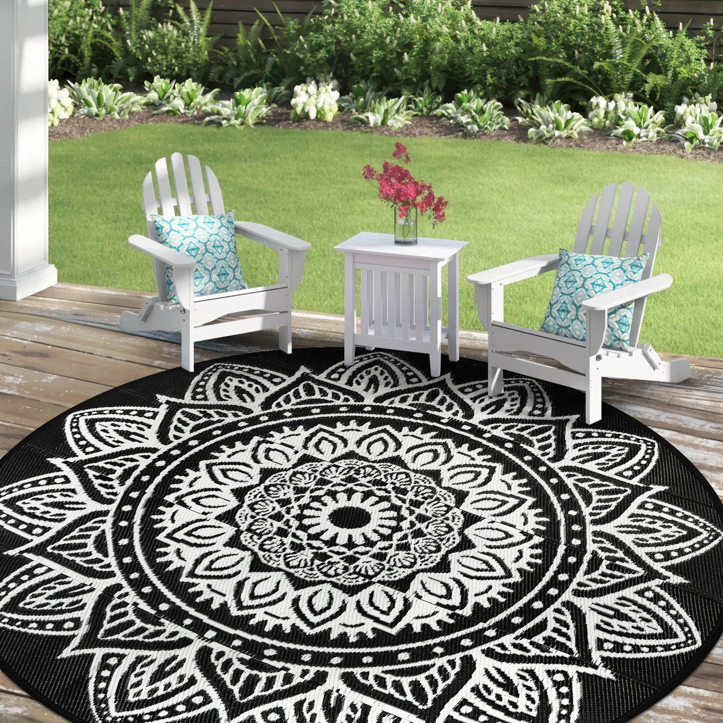 Round Outdoor Rug Reversible Waterproof Plastic Straw Mat Portable RV