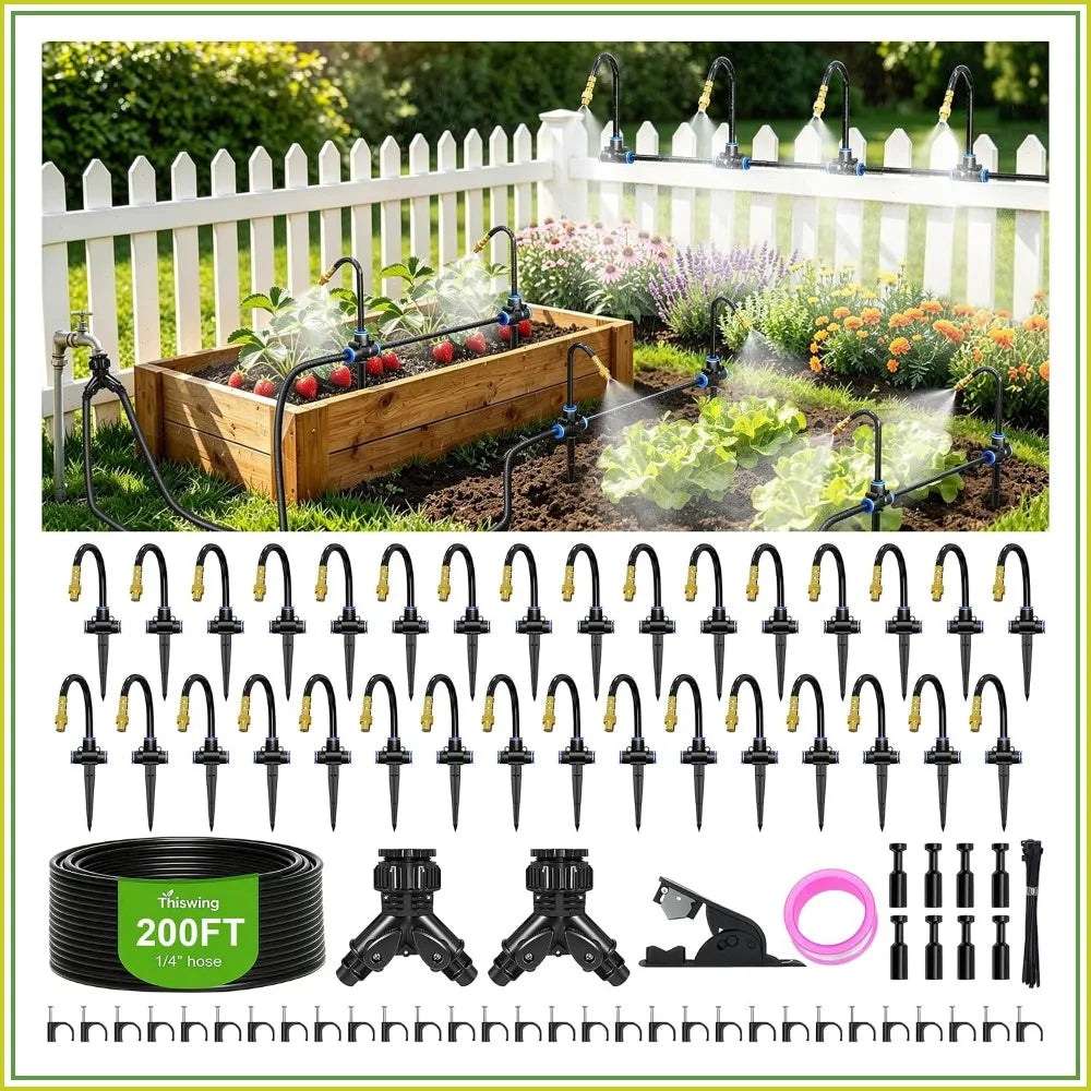 200Ft 360° Adjustable Irrigation System With Stake Holders, 1/4" Tubing, 32 Nozzles, Automatic Watering Misting Sprinkler For Garden, Raised Bed, Lawn, Plants