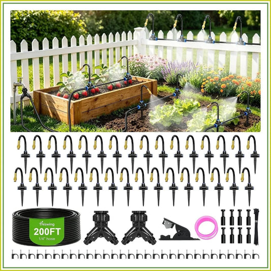 200Ft 360° Adjustable Irrigation System With Stake Holders, 1/4" Tubing, 32 Nozzles, Automatic Watering Misting Sprinkler For Garden, Raised Bed, Lawn, Plants