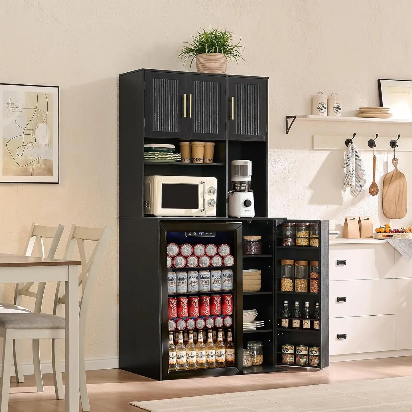 Tall Fluted Coffee Bar Cabinet With Mini Fridge Storage
