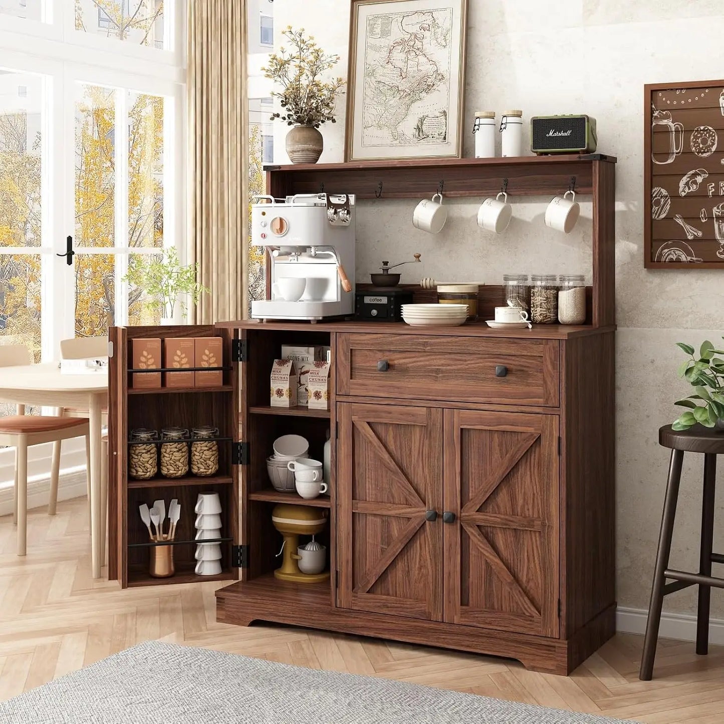 Wnutress Farmhouse Coffee Bar Cabinet With Drawer And Charging Station