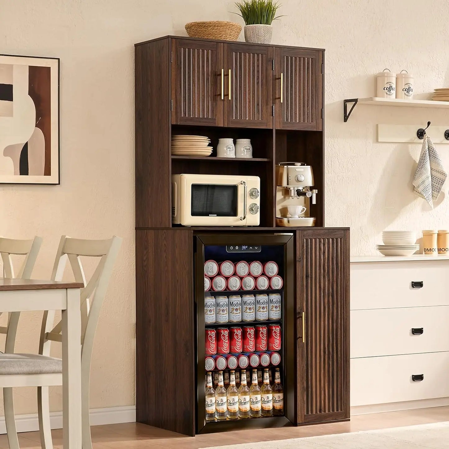 Tall Fluted Coffee Bar Cabinet With Mini Fridge Storage