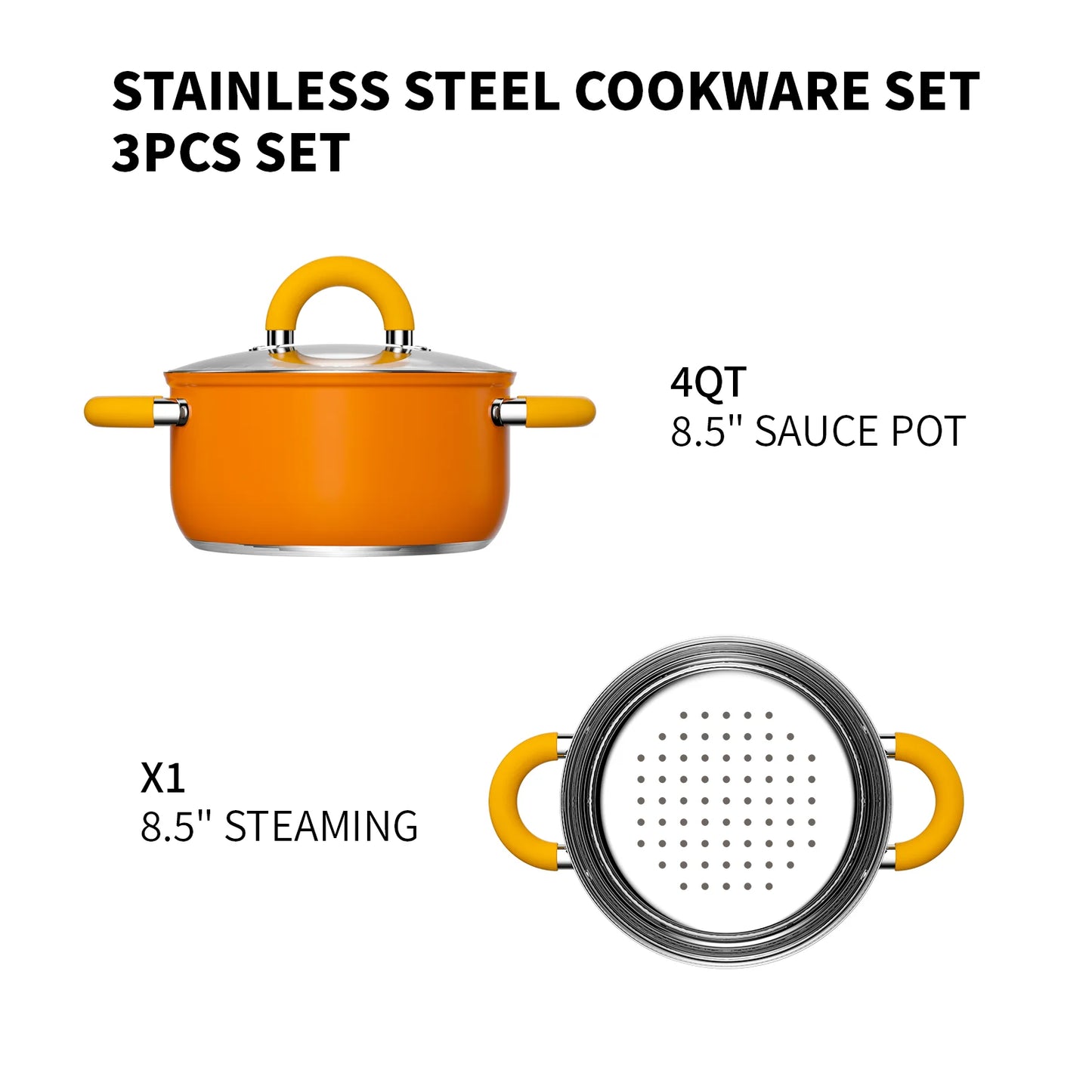 Stainless Steel Cookware Set with Steamer & Lids – Fast Heating,8.5 in/21.59cm, Ergonomic Handles, Induction Ready, Dishwasher Safe