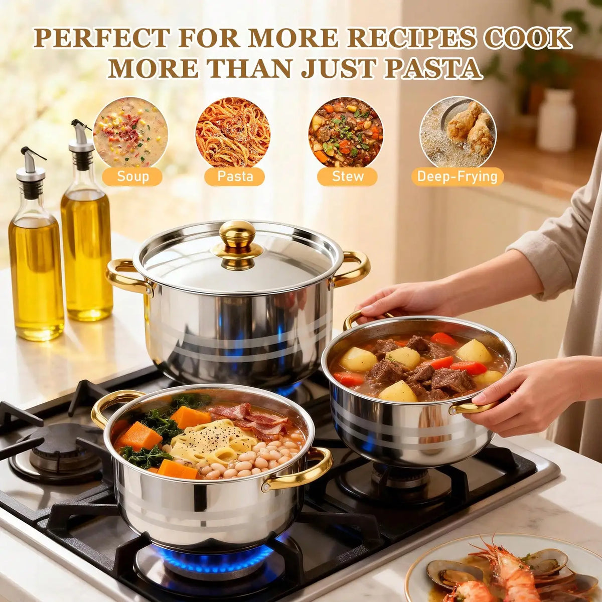 Stainless Steel Pot Set Modern Luxury Cookware Stock Pot Set Silver Body Gold Handles 10 Pcs Set 5 Pots 5 Lids Multi Size Deep Stock Pot For Home Kitchen Restaurant Cooking Soup Noodles Hot Pot Pasta