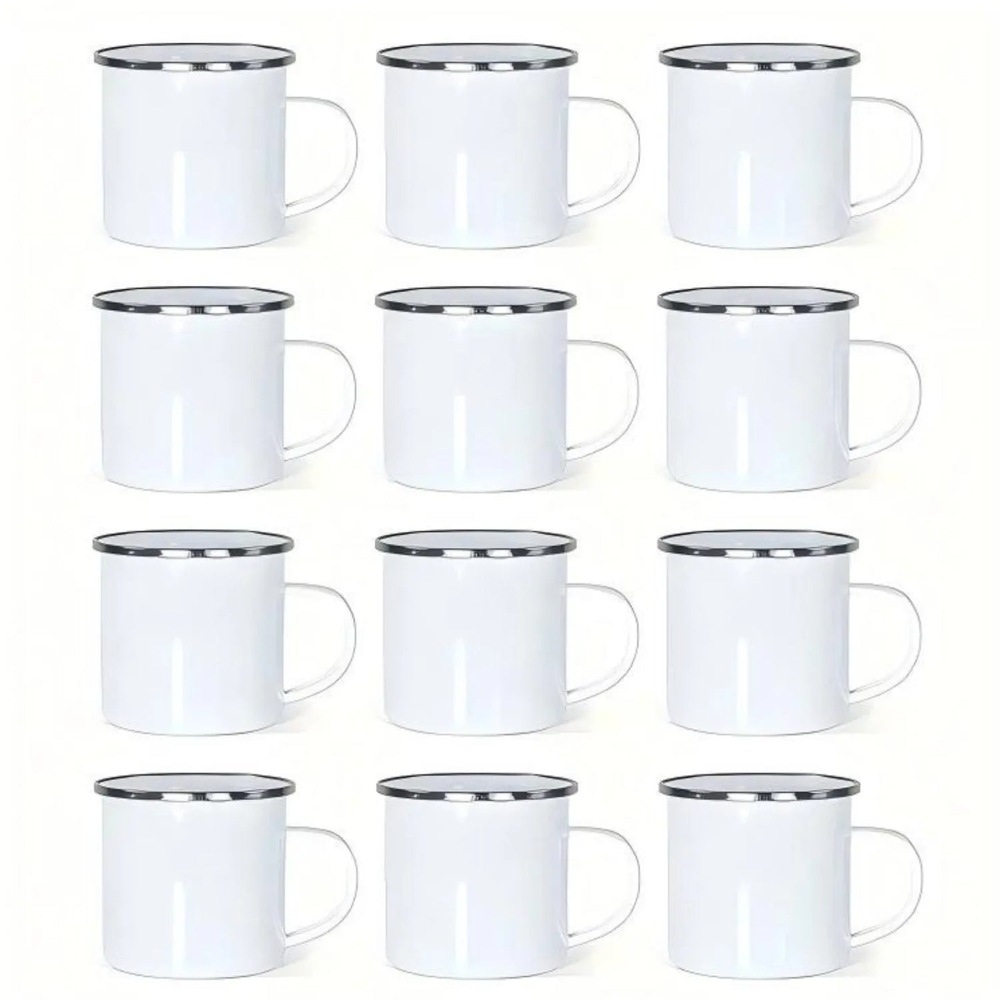 12-Pack Enamel Mugs, 12oz Plain White with Silver Rim for Camping, Kitchen & Large Gatherings