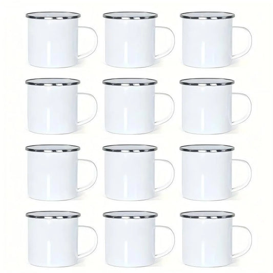 12-Pack Enamel Mugs, 12oz Plain White with Silver Rim for Camping, Kitchen & Large Gatherings