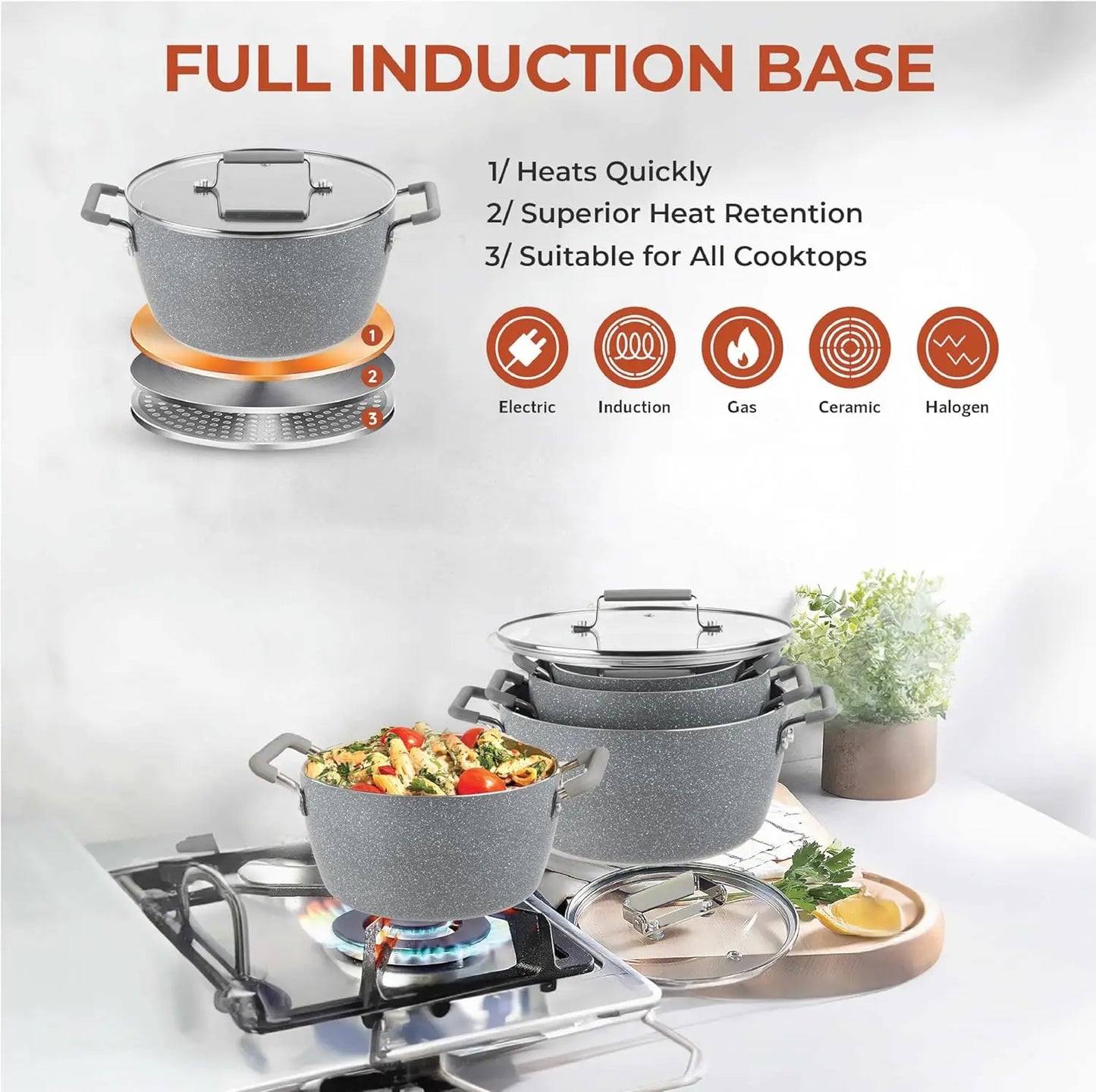 Nonstick Stackable Pots Set Six Piece Gray Granite Coated Cookware Lids