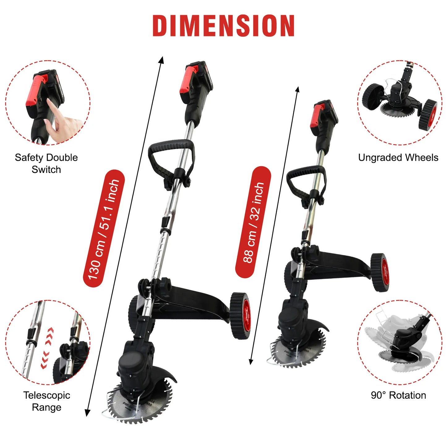 Cordless Electric Lawn Mower Handheld Weed Trimmer Brushless 11000 Rpm 21V with 2x5c 1.5Ah Li-ion Cutter Garden Power Tool