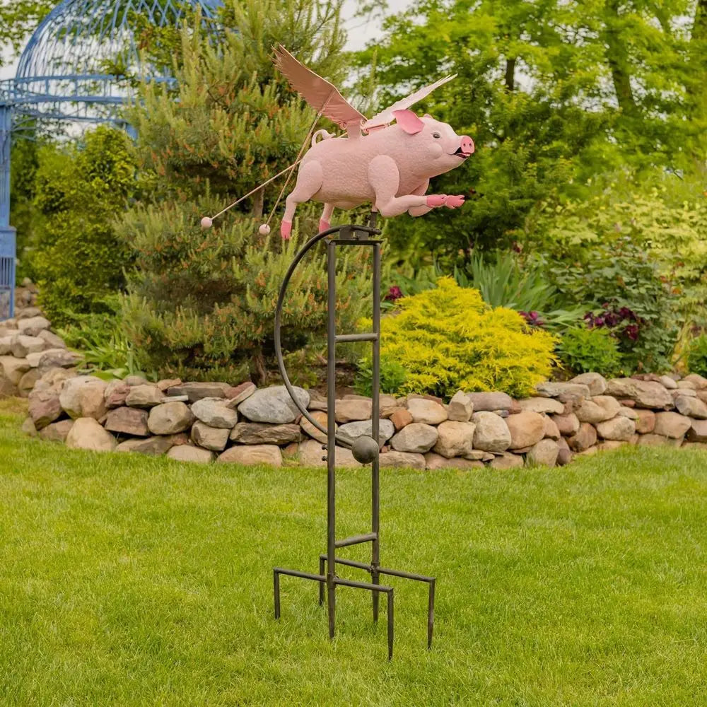 Vintage Pink Porcine Rocking Animal Garden Stake with Flapping Wings