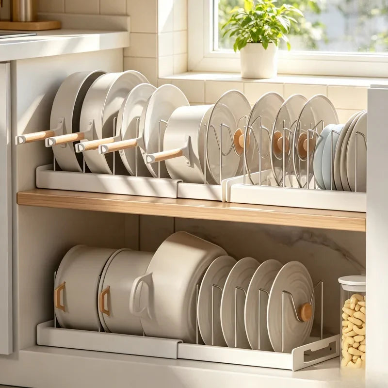 Expandable Pot Organizer Rack, Adjustable Divider for Kitchen Cabinet, Multi-Purpose Storage for Pots & Pans