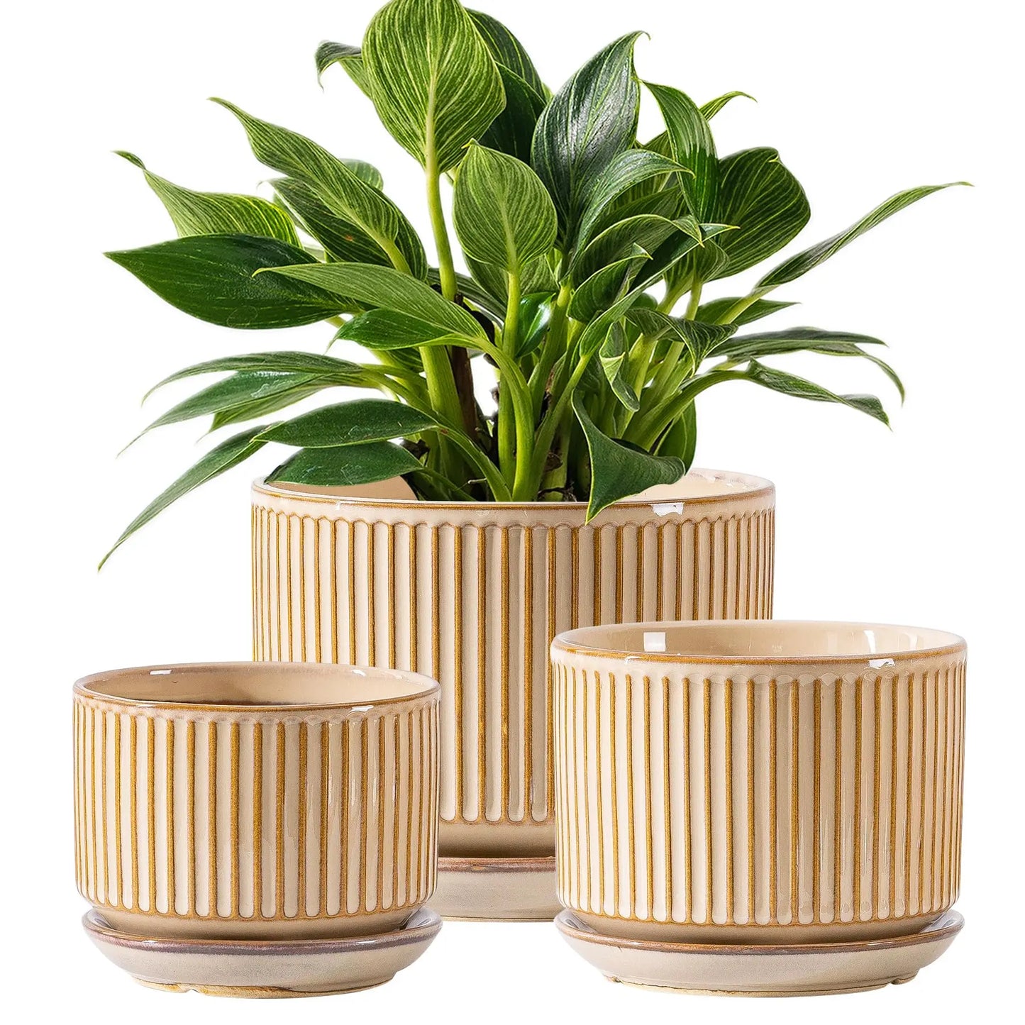 SURE YUESI Ceramic Plant Pots Set of 3, Indoor Outdoor Planters with Drainage Hole and Saucer, Ceramic Flower Pots for Indoor Plants, 4.3+5.5+6.8 Inch, Home, Garden, Patio and Office, Matte Green