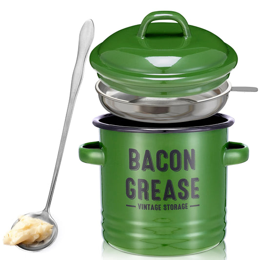 Bacon Grease Container with Strainer - Large 46OZ Red Kitchen Oil Storage Can, Food Saver Bin with Lid | Farmhouse Pot Green