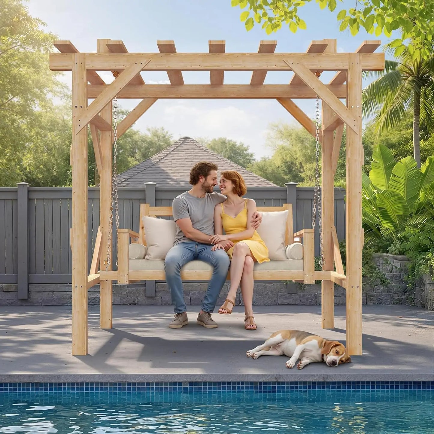 Cedar Wood Pergola Swing Bench 3 Seat With Canopy Chains