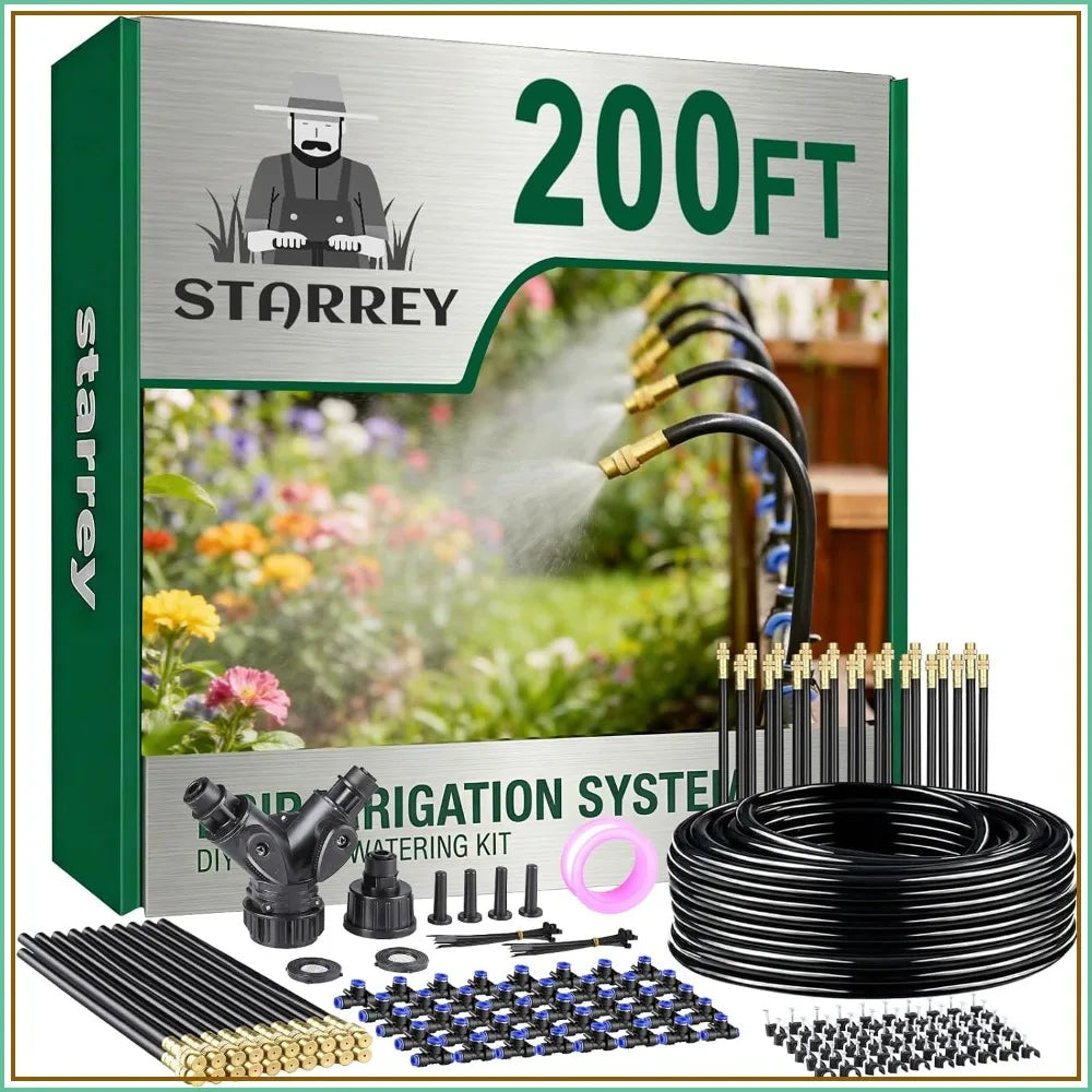 200ft Drip Irrigation Kit with 40 Adjustable Copper Nozzles, DIY Watering System for Garden, Lawn, Greenhouse & Raised Beds