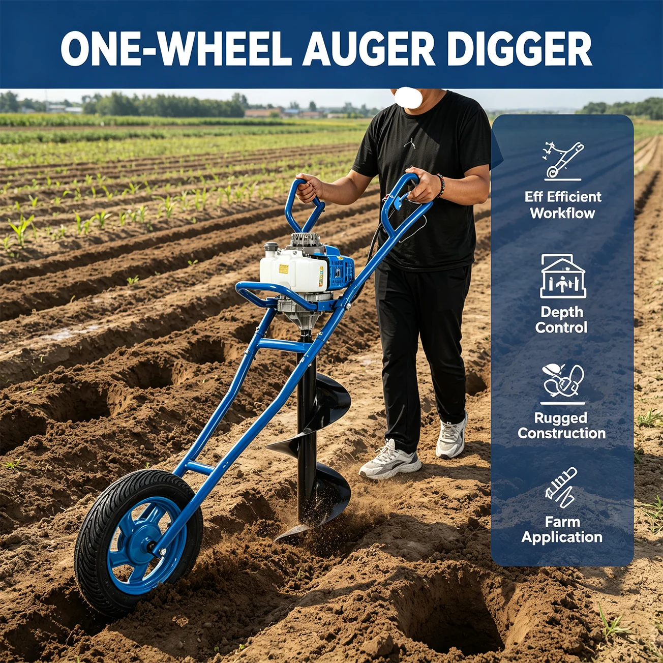 63CC 2.2kW Gas Powered Earth Auger 8800RPM with Single Wheel Cart Post Hole Digger with 11.81" Drill Bit for Farm Garden Orchard Construction Planting Fence Digging