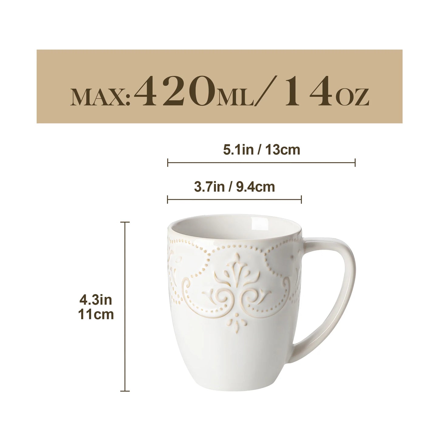 MALACASA GISELLE 4/8 PCS Porcelain Cup Sets 14 Oz Retro Relife Coffee Cup Sets Ceramic Mug Sets for Milk/Cappuccino Two Option