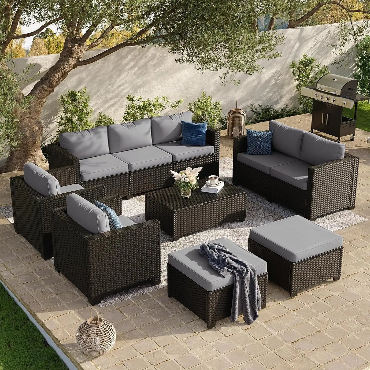 10 Piece Outdoor Patio Furniture Set 9 Seats, Outdoor Sectional with Thick Waterproof Cushions, Patio Conversation Sets, Custom
