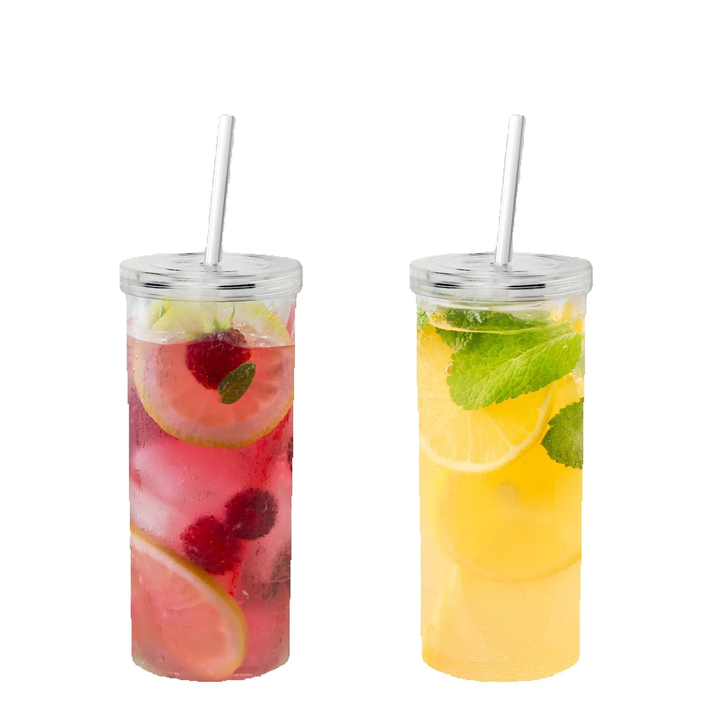 2-Piece Clear Plastic Tumblers With Lids And Straw