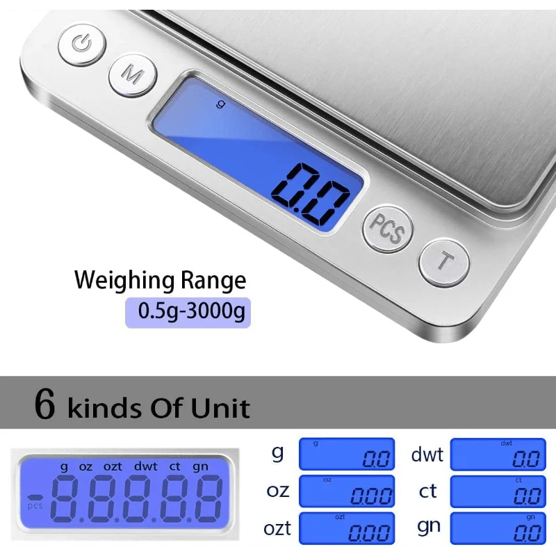 Digital Kitchen Scale 3000G/ 0.1G, Pocket Food Scale With 6 Measurement Modes, Lcd, Tare Weight, Digital Scale Grams And Ounces With 2 Trays Of Food, Cooking, Nutrition (Including 2 Batteries, 2 Trays)