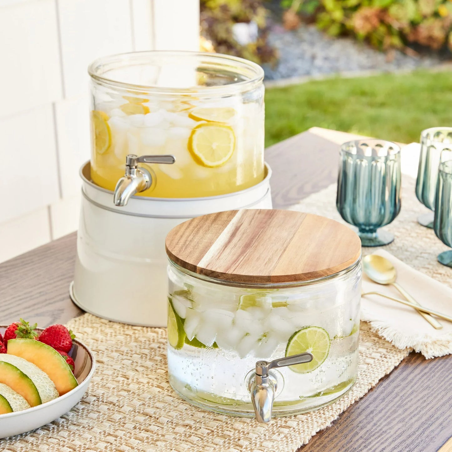 Stacking Glass Beverage Dispenser Acacia Wood Lid Easy Pour Spigot