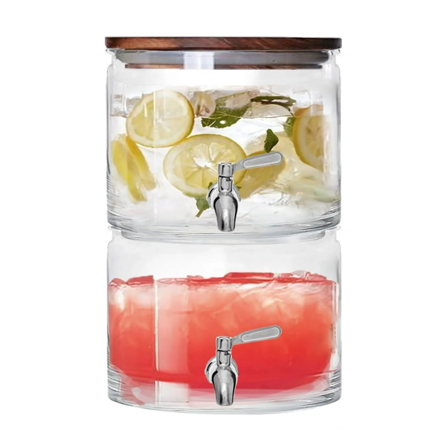 Stacking Glass Beverage Dispenser Acacia Wood Lid Easy Pour Spigot