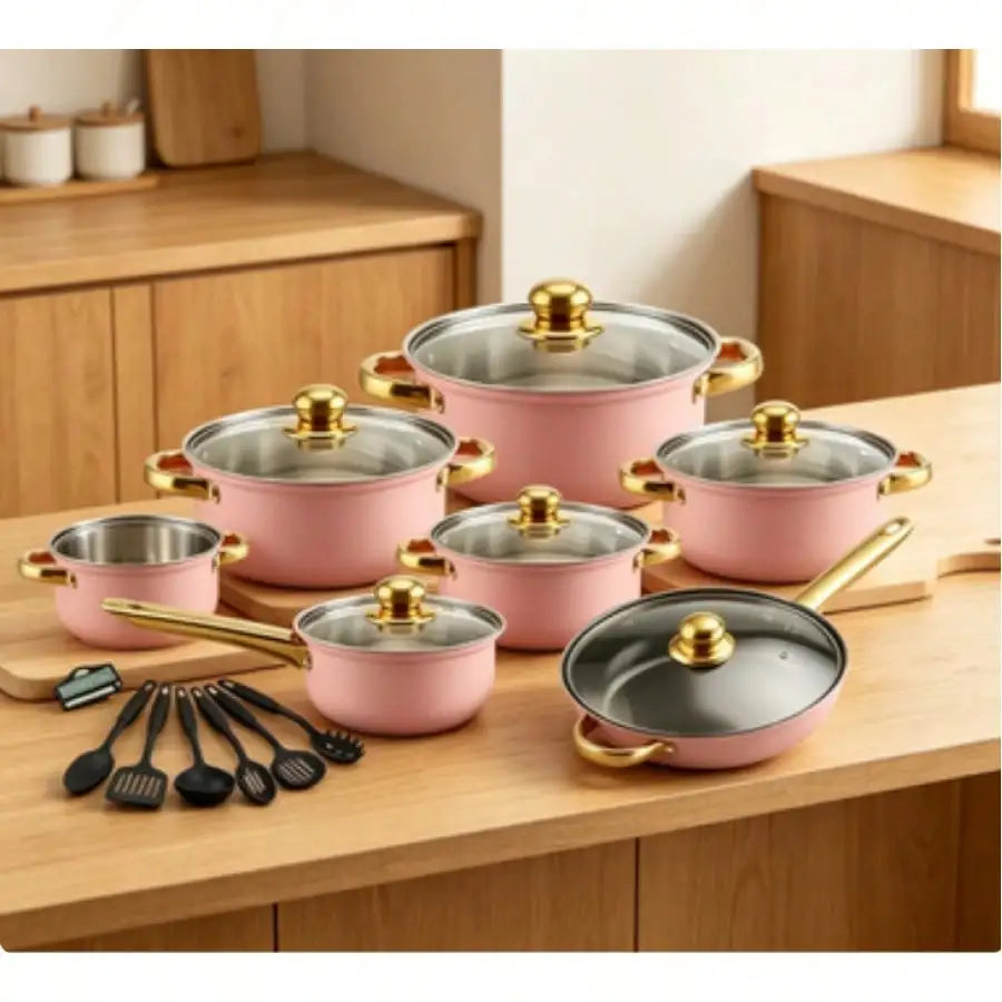 Stainless Steel Cookware Set Cute Nordic Nonstick Cookware Set Pink Stainless Steel With Gold Handles 18 Pcs Set Nonstick Coating For Gas Electric Induction Stove Home Kitchen Cooking
