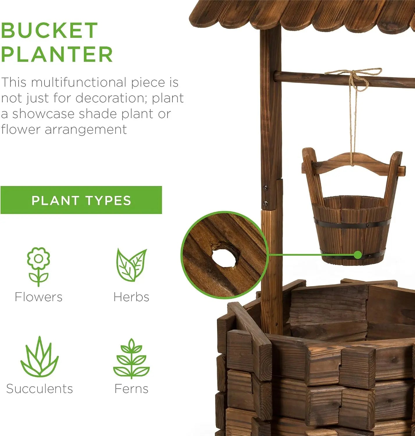 Rustic Wooden Wishing Well Planter With Hanging Bucket
