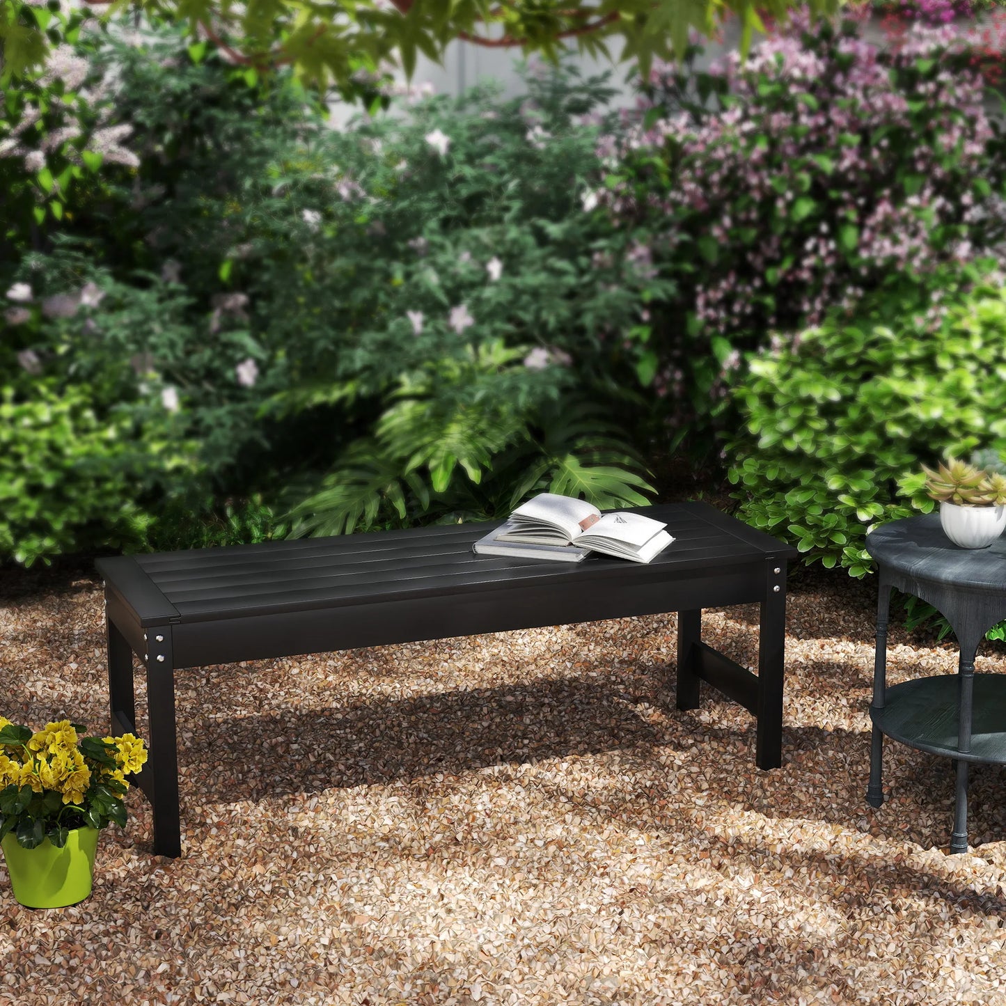 47" HDPE Outdoor Bench, Backless Slatted Garden Bench Seat, Black