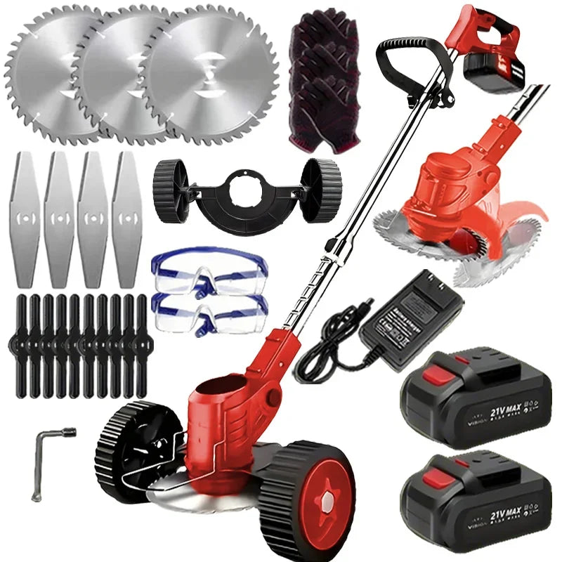 Wireless portable weed trimmer for lawn trimming. The trimmer is equipped with 2 lithium batteries and comes with replaceable bl