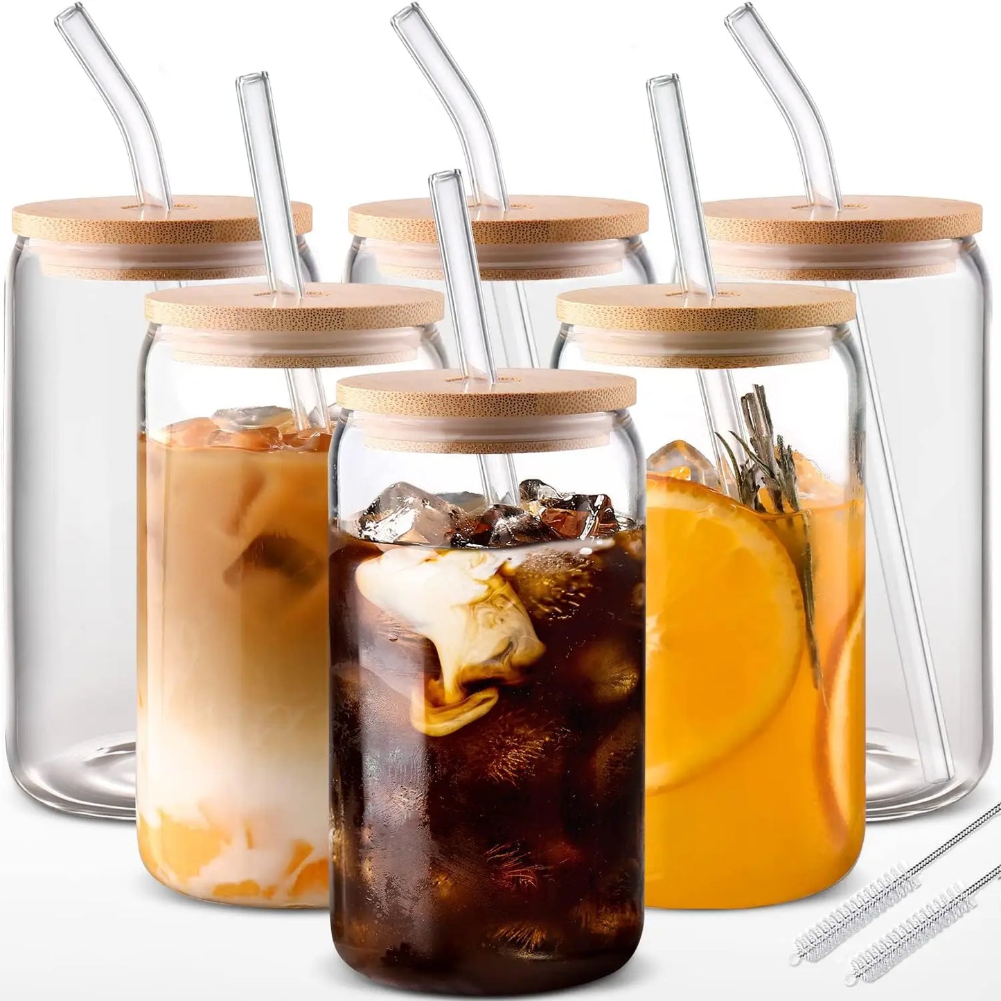 Six Pack Glass Drinking Set With Bamboo Lids And Glass Straws
