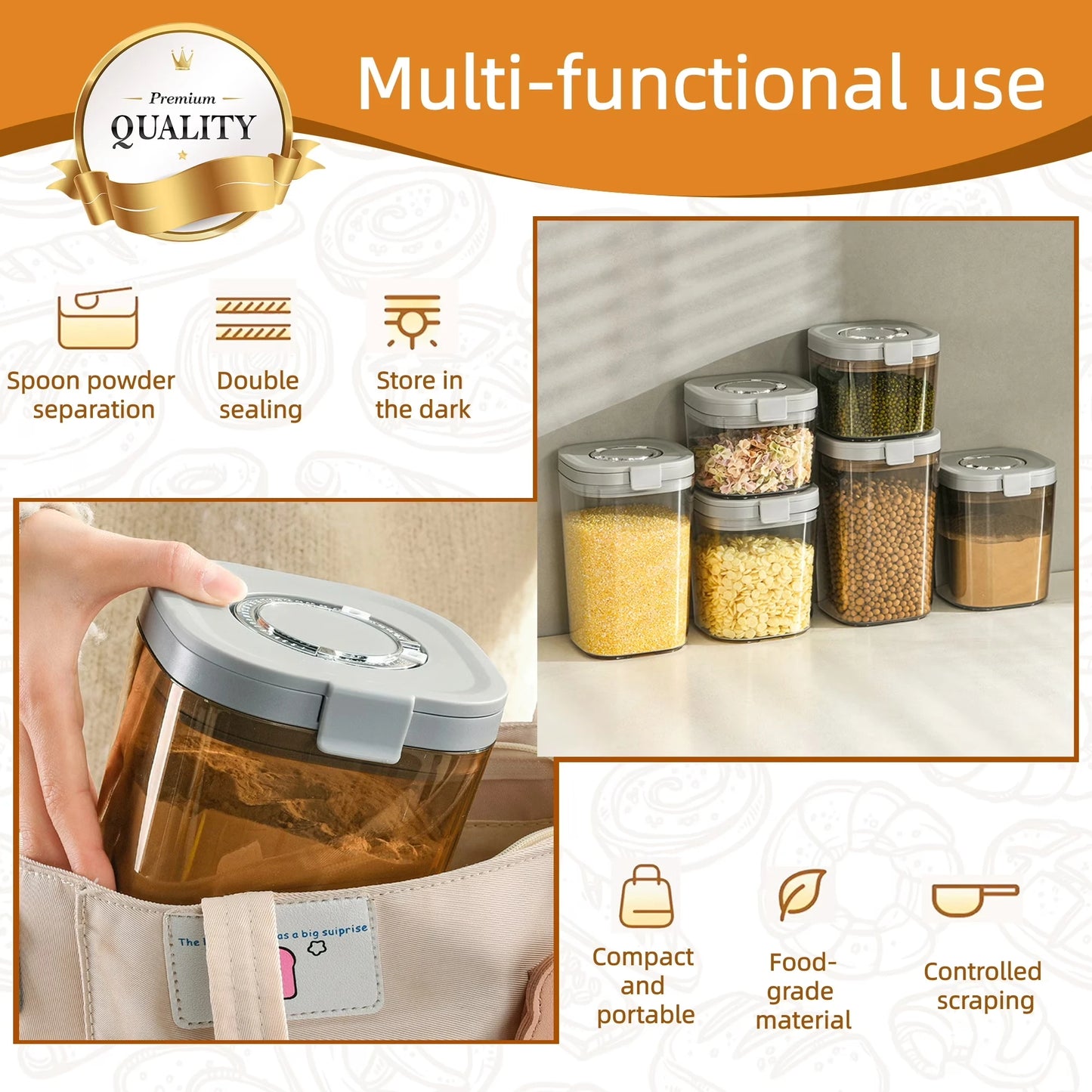 Brown Sugar Keeper Container Set, Airtight Lid 63 Oz & 45 Oz Clear Glass Jars with Moisture Control Disc, 2 Pack Food Storage Canister for Soft Brown Sugar, Baking Supplies