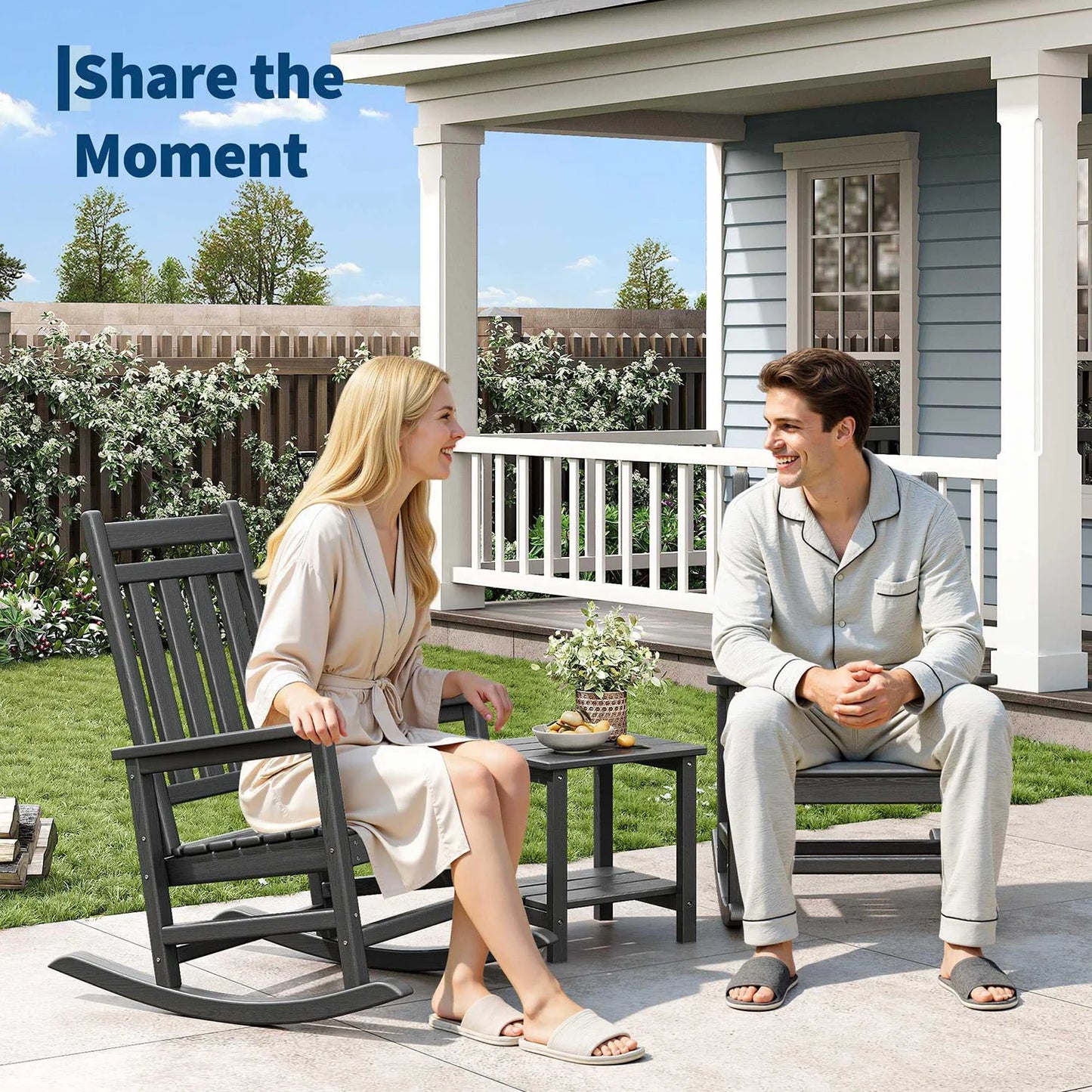 HiMISS Outdoor HDPE Lumber Rocking Chair Set With Side Table