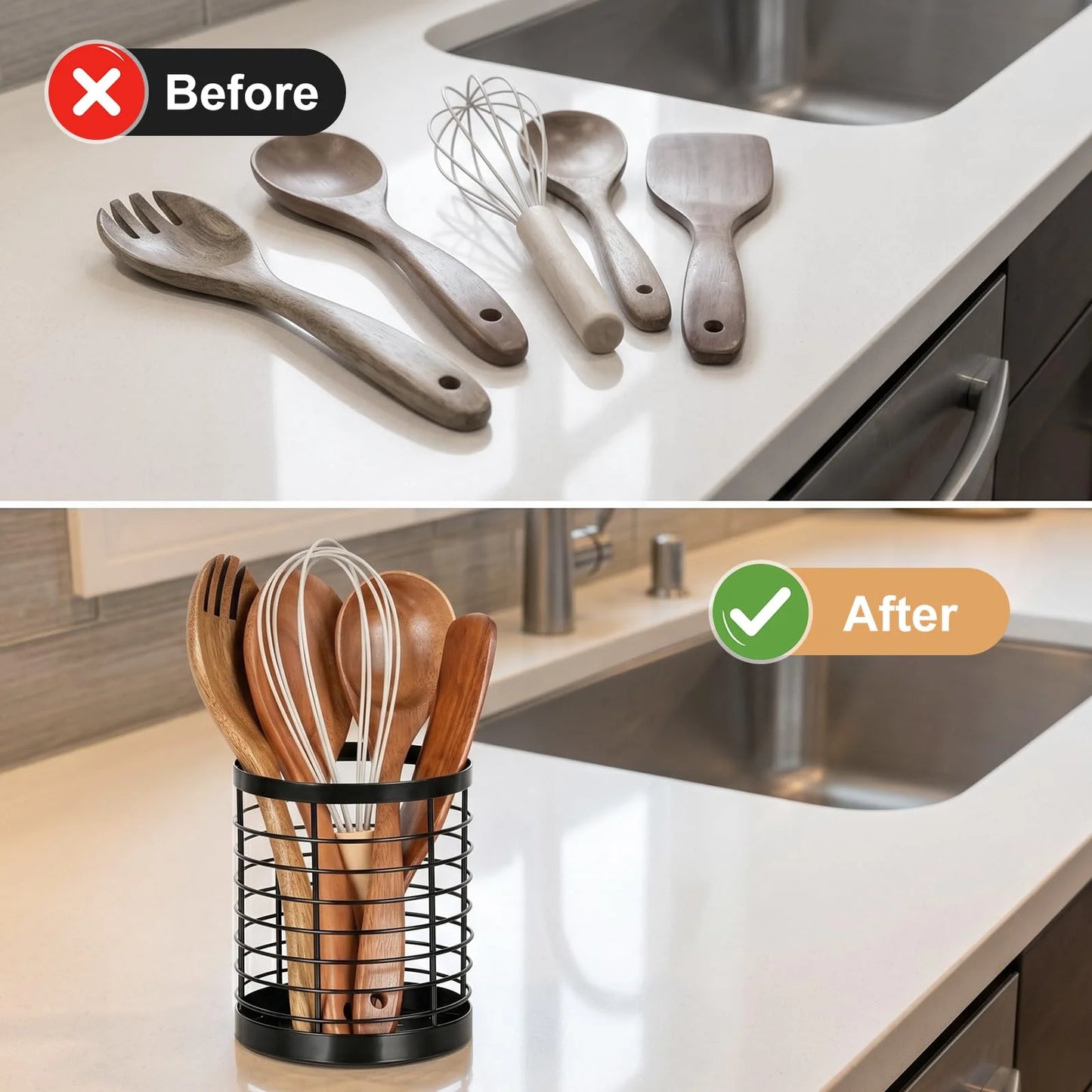 Utensil Holder for Kitchen Counter, Stainless Steel Utensil Crock for Cooking Tools, Spatula, Silverware Forks, Knives, Spoons Countertop Organizer