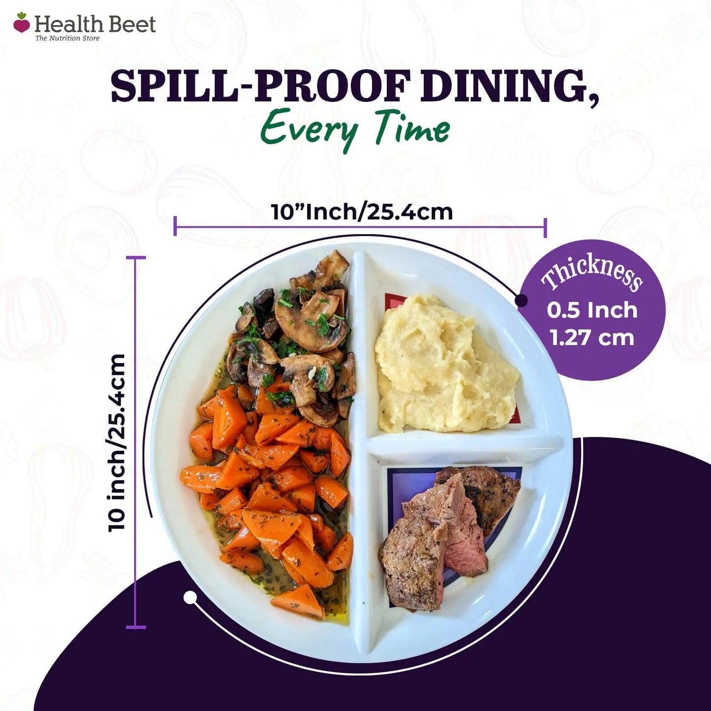 Portion Control Plate with 3 Divided Sections for Veggies, Carbs & Protein, Microwave & Dishwasher Safe, Bariatric Sectioned